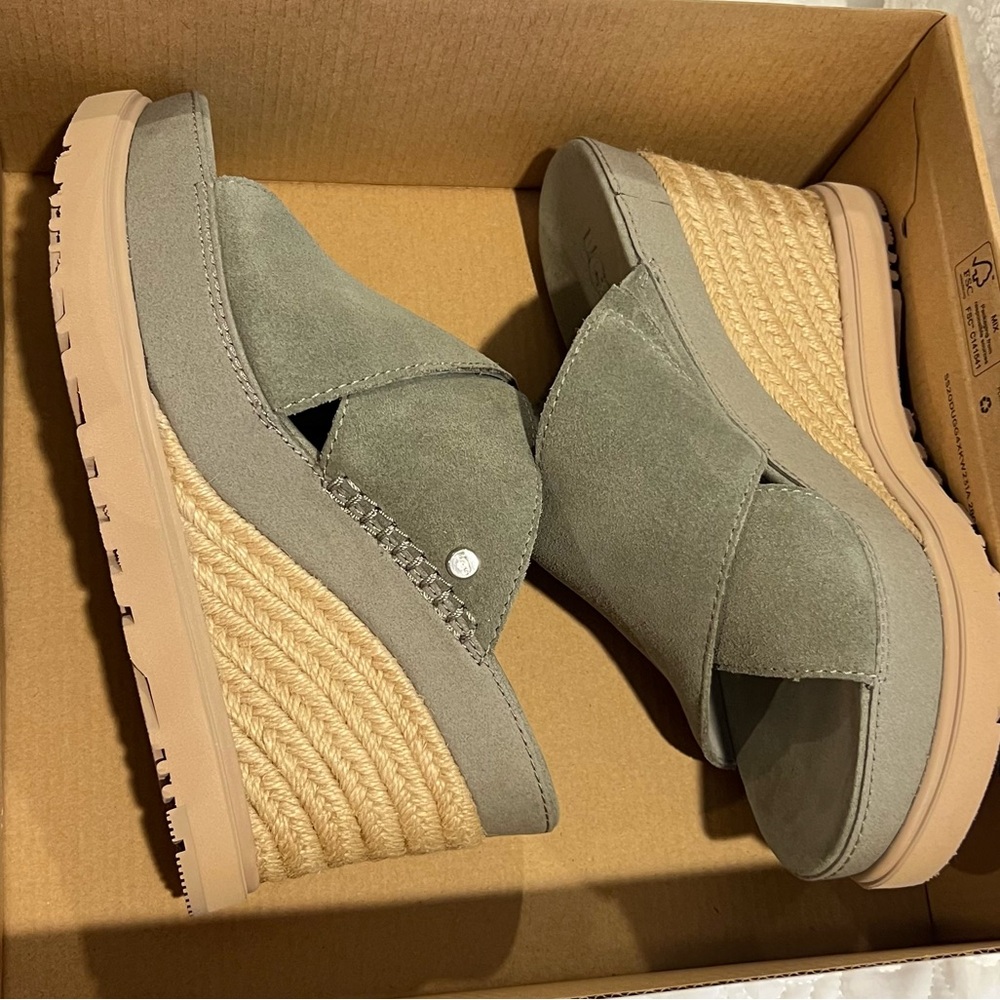 UGG Olive Green Suede Wedge Sandals - Picture 2 of 7